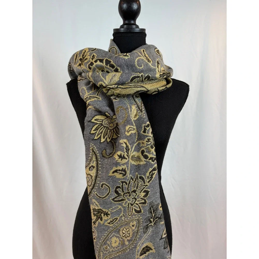 Grey Gold Paisley Floral Metallic Woven Fringe Wrap Scarf Shawl UB153101 OS